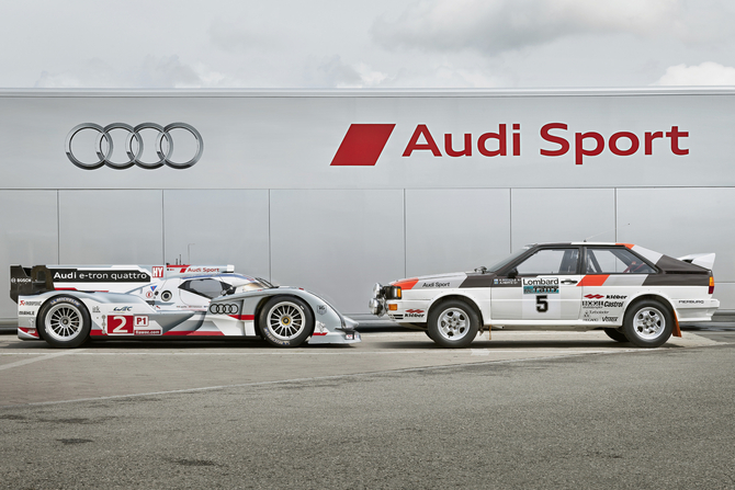 The R18 Poses with the Audi Quattro rally car